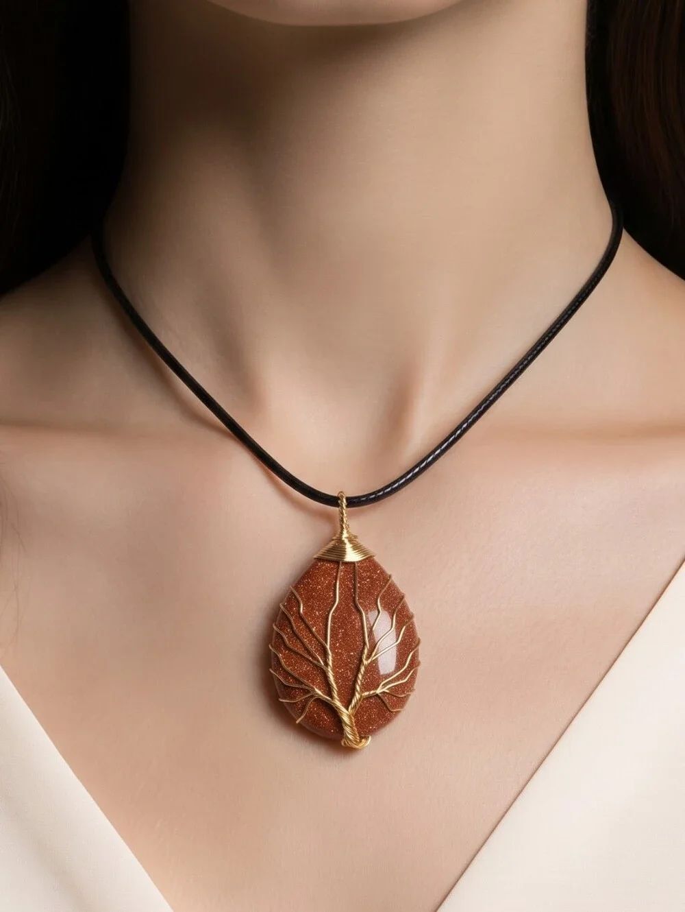 Red Goldstone Tree of Life Necklace Gold Wire Wrapped Teardrop Pendant Boho Gift